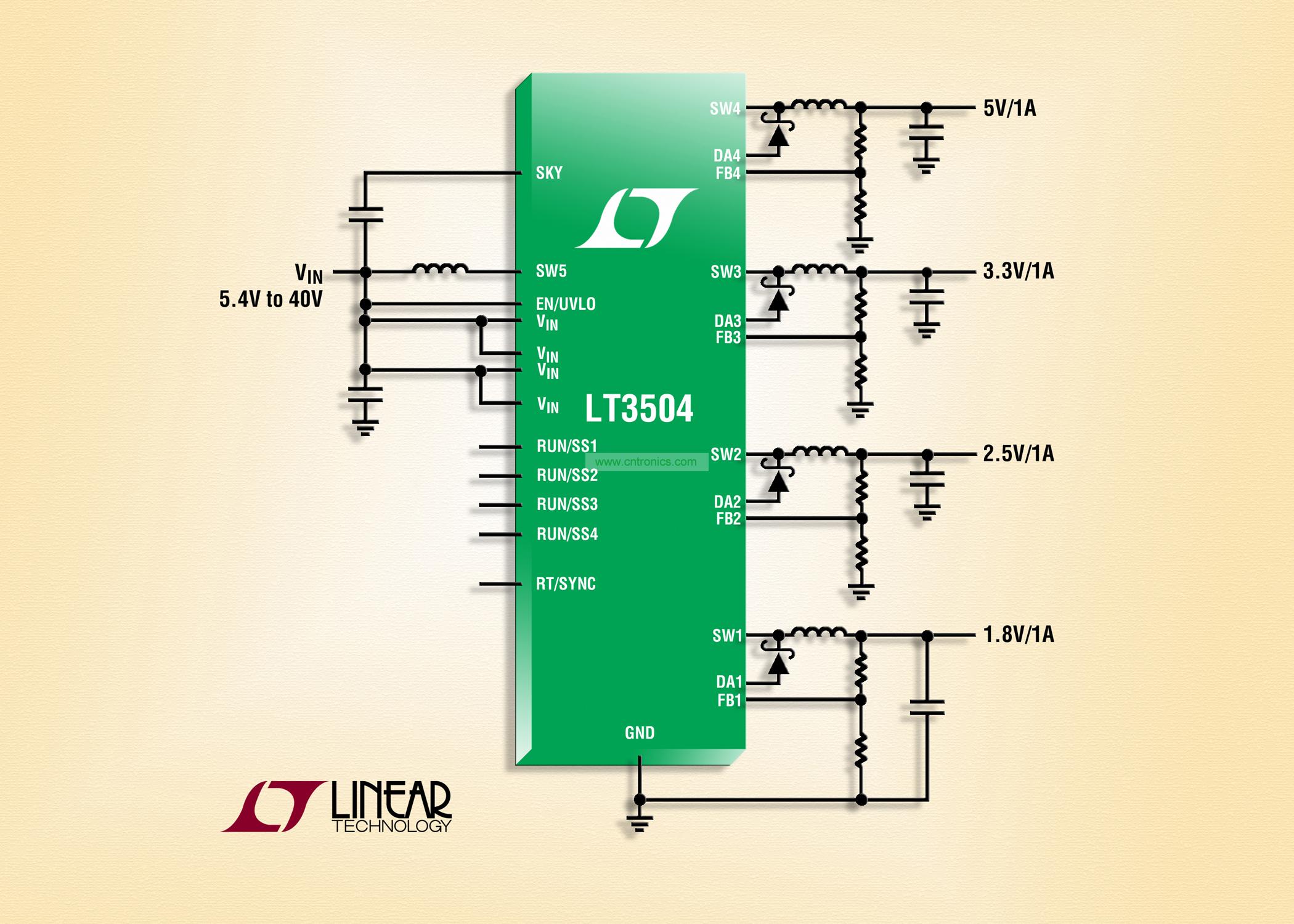 40V、4 通道 1A (IOUT)、2.2MHz 降壓型 DC/DC 轉(zhuǎn)換器