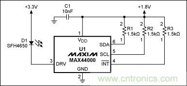 圖1：MAX44000典型電路，包括LED