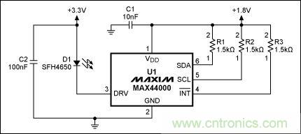 圖2：MAX44000典型電路，帶有發(fā)射器旁路