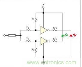 在雙門構(gòu)成的CMOS/TTL兼容探頭中，R1至R4電阻網(wǎng)絡(luò)對(duì)反相器輸入端做偏置