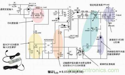 安森美半導體離線式第二代LED驅動器NCP1014/1028的應用示意圖。