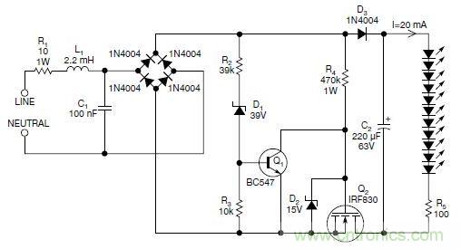 圖2：斬波工作類似圖1中的電路，但以較大的LED串聯(lián)電阻代替了恒流源，提供限流功能