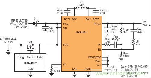 圖7：LTC3115-1與LTC4412HV相結(jié)合，以獲得由單節(jié)鋰離子電池和未穩(wěn)壓交流適配器提供的雙輸入5V電源