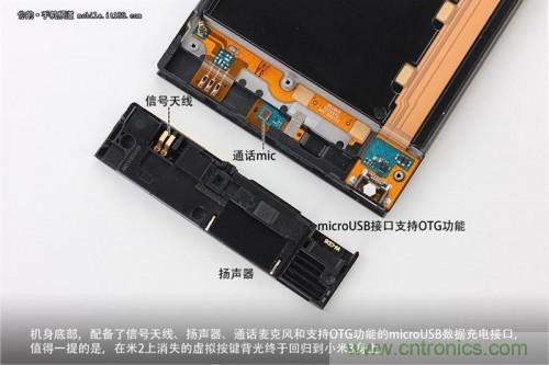 信號(hào)天線、揚(yáng)聲器、麥克風(fēng)以及支持OTG功能的Micro USB接口均位于底部