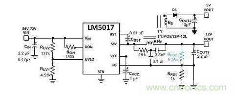 基于 LM5017 的 Fly-Buck 轉(zhuǎn)換器電路，沒(méi)有基于光耦合器的穩(wěn)壓電路