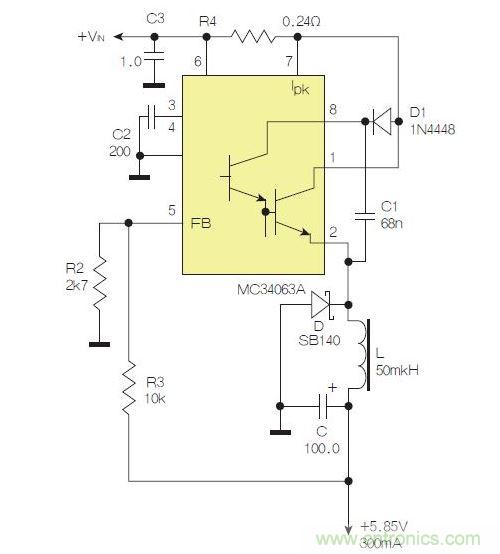 采用降壓配置中廣為使用的MC33063/MC34063的一個示例。
