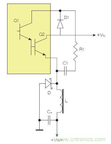 為了實現用兩個元器件提升電源轉換效率，芯片上應有針對驅動器晶體管Q1集電極的單獨引腳。