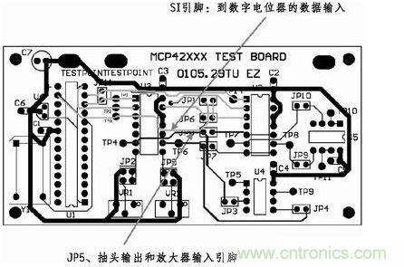 這是對圖2所示電路的第一次布線嘗試。此配置在模擬線路上產生不規(guī)律的噪聲，這是因為在特定數字走線上的數據輸入碼隨著數字電位器的編程需求而改變。
