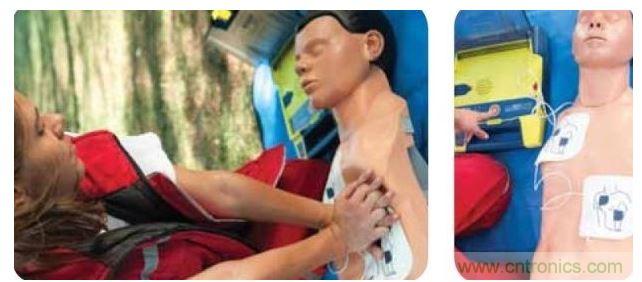 胸部按壓CPR(左圖)迫使血液循環(huán)，為大腦及其它生命器官供血，直到AED重啟心臟(右圖)。
