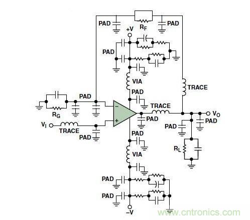 典型的運(yùn)算放大器電路，(a)原設(shè)計圖，(b)考慮寄生效應(yīng)后的圖