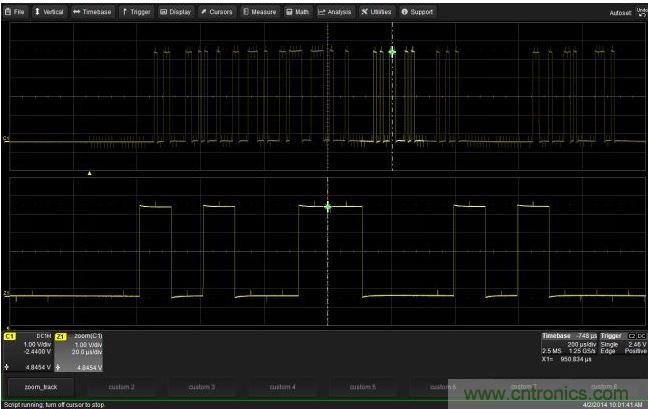 使用CustomDSO運行VB腳本“zoom_Track.lss”。當腳本運行時，縮放波形的中心將跟蹤水平的光標絕對位置。從圖中可以看出，光標將永遠位于縮放波形Z1的中心