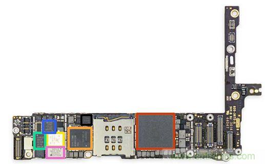 iPhone 6 Plus主板采用1GB RAM的蘋果A8 SoC作為核心部件。（來源：iFixit）