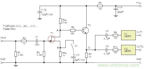 圖3：采用兩個工作在不同頻率下的555定時器電路，以獲取不同的音效。