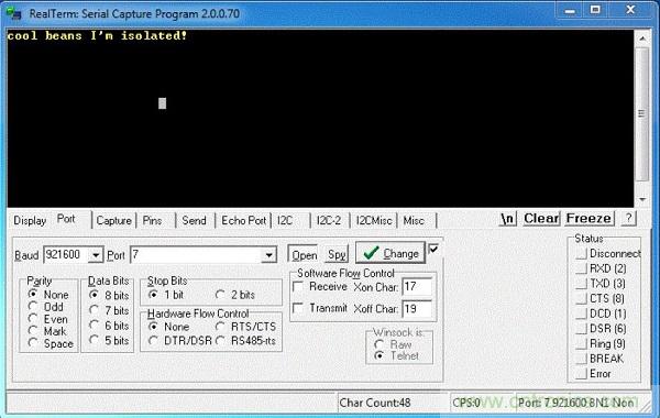 圖6：隔離型USB-to-UART轉(zhuǎn)換器的環(huán)回測試。