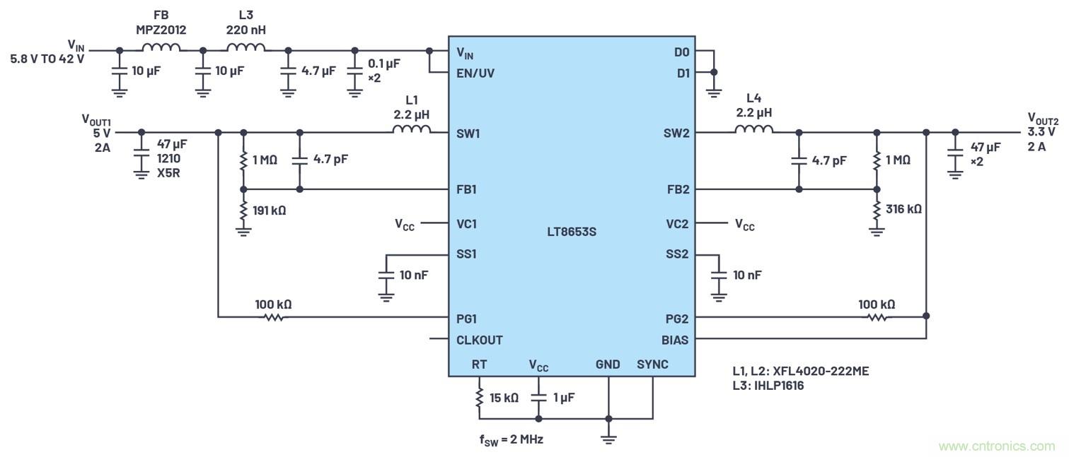 具有6.2 µA靜態(tài)電流的雙通道、42 V、2 A、單片、同步降壓型Silent Switcher 2穩(wěn)壓器