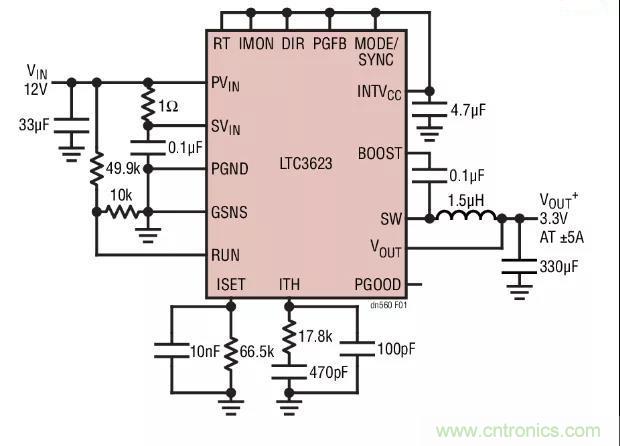 高效率、15V 軌至軌輸出同步降壓型穩(wěn)壓器能提供或吸收 5A
