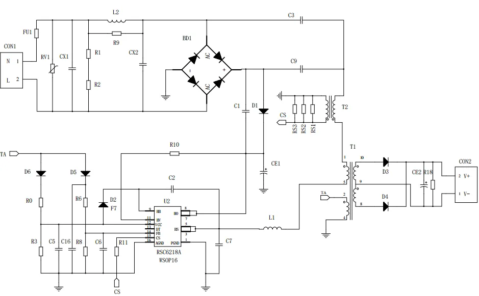 一、LED驅(qū)動模塊RSC6218A REASUNOS(瑞森半導體)通過持續(xù)投入研發(fā)，提升LLC應用技術(shù)，集成控制芯片與功率轉(zhuǎn)換，成功推出新一代產(chǎn)品RSC6218A WSOP-16，延續(xù)瑞森LLC拓撲方案，時機趨勢完全迎合我國雙碳政策，電氣特性契合新版國標GB/T 17625.1-2022和歐盟新版ERP認證EU2019/2020雙重法規(guī)，專為中小功率的產(chǎn)品提供優(yōu)秀的方案；接下來會分幾個篇章持續(xù)介紹新方案產(chǎn)品的應用資料和設計實例分享：  RSC6218A功率模塊內(nèi)部集成CS-CP-LLC電源半橋模塊和功率轉(zhuǎn)換模塊，延續(xù)瑞森主題設計方向單級實現(xiàn)高PF無頻閃技術(shù)和LLC諧振軟開關技術(shù)方案：該型號適用于5-18W功率段；具備高轉(zhuǎn)換效率(90%+)，高PF(>0.96)，低THD(<10%)，小型化(縮小PCB面積10-25%)，通過優(yōu)化產(chǎn)品內(nèi)部設計提升產(chǎn)品內(nèi)部功率器件的開啟與關閉性能，避免干擾發(fā)生，最高工作頻率達200KHZ，實現(xiàn)WSOP-16封裝兼顧散熱與小型化；并且內(nèi)部可自動設置死區(qū)時間，讓方案可靠易設計。 產(chǎn)品可廣泛應用于： 1.護眼系列燈具：如教室燈、辦公燈、護眼臺燈、壁燈、閱覽室燈等； 2.家居類燈具：如客廳燈、臥室燈、兒童房燈、廚房燈、走廊燈等； 3.軌道類燈具：地鐵照明、高鐵照明、隧道照明、車站照明等； 4.商照類燈具：筒燈、射燈、投射燈、 亮化燈、防爆燈等； 方案起到提供高效，穩(wěn)定，長壽命的作用。 二、產(chǎn)品功能框架  三、IC各PIN腳功能說明  PIN1 PGND 功率地，內(nèi)部是連接低邊MOS的S端地線； PIN2  NC  PIN3  HS 半橋MOS低邊漏極PIN； PIN4  HS 半橋MOS低邊漏極PIN； PIN5  HS 半橋MOS高邊源極PIN； PIN6  HS 半橋MOS高邊源極PIN； PIN7  NC  PIN8  HO 半橋MO高邊漏極； PIN9  HO 半橋MOS高邊漏極； PIN10 HB 半橋驅(qū)動高邊電源，通過外置的一個二極管與電容組成自舉回路，為高邊 MOS 的開啟提供電平； PIN11 VIN 高壓啟動的輸入腳，最高耐壓可達DC600V，啟動電流在1.7mA，一般應用是從高壓電解處串接一個1206100K電阻引到PIN1，在整個環(huán)路還未建立起來時，是靠這個引腳的供電通過內(nèi)部連接到PIN6VCC，然后把VCC電容慢慢充電到芯片的啟動電壓后，芯片開始工作。整個環(huán)路建立起來后，VIN腳內(nèi)部關斷，VCC 通過外部變壓器輔助繞組供電維持正常工作； PIN12  VCC 信號電源引腳， 工作電壓范圍 8-20V，工作電流在 0.8mA，靜態(tài)工作電流是 720uA； PIN13  NC DT懸空腳； PIN14 FB  電壓反饋輸入，VFB中心值是1.2V，該引腳的功能主要是限定空載電壓的最大幅度，該芯片空載保護屬于打嗝模式，可以有效降低空載損耗，能效要求輕松符合小于0.5W的要求； PIN15  CS 電流采樣正弦波信號輸入該PIN腳是通過線路中的互感電感采樣得到全波的正弦波信號， 通過電阻轉(zhuǎn)換為電壓信號后，輸入到CS PIN腳， 內(nèi)部連接到壓控振蕩器，根據(jù)輸入進來的電壓幅值大小，以及正弦波的頻率，壓控振蕩器輸出對應的方波來控制LG與HG端的MOS開關頻率，實現(xiàn)恒流調(diào)節(jié)控制； PIN16  AGND 信號地參考電平，主要連接 VCC，F(xiàn)B 對應 PIN 腳的元件地線。 四、關鍵PIN腳參數(shù)設定范圍  五、典型應用原理圖  關注瑞森半導體公眾號，接下來持續(xù)分享具體案例的設計參考文檔，攜手各伙伴們實現(xiàn)新版國標GB/T17625.1-2022的順利達標，為工程師縮短開發(fā)周期，讓工廠端得到滿意的產(chǎn)品，給客戶一個滿意的答卷，得到需要的利潤空間。